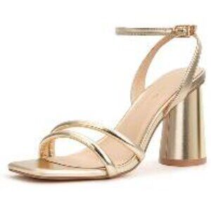 Nine West Gold Gaden Ankle Strap Wrap Rhinestone 3" Block Heel Sandals NWT 5M